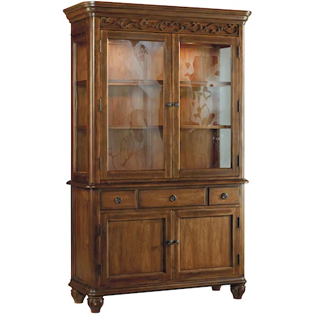 Four-Door Three-Drawer China Cabinet with Wood-Framed Glass Shelves & Touch Light
